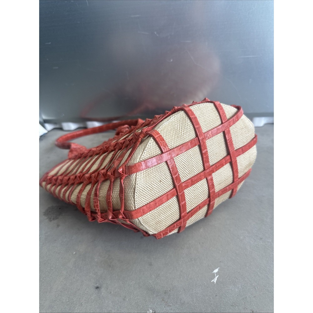 RARE Nancy Gonzalez Coral Red CROCODILE Woven Shoulder Bag Purse - Picture 4 of 8